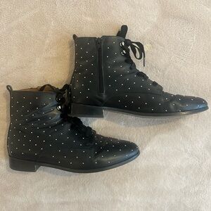 Black Leather / Gold Studded Lace Up Ankle Boots